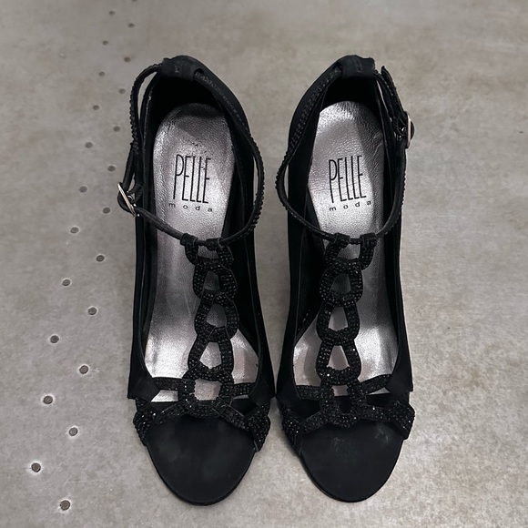 PELLE MODA BLACK SATIN HEELS W/ CRYSTALS - Picture 4 of 11